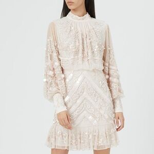 Karen Millen Light Pink Ruffled Tiered Dress with Bishop Sleeves